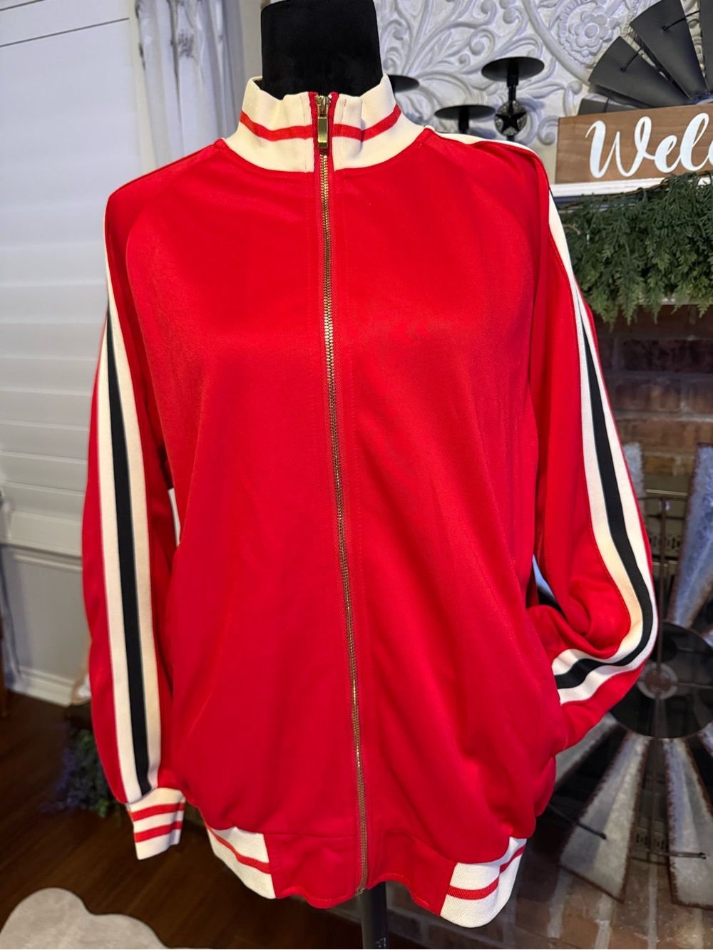 Victorious Red Cream Black Striped Track Jacket Y2K Retro Zip Up Medium
